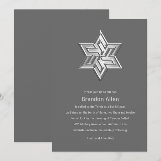 Bar Mitzvah Gray Tones Star von David Einladung (Vorne/Hinten)
