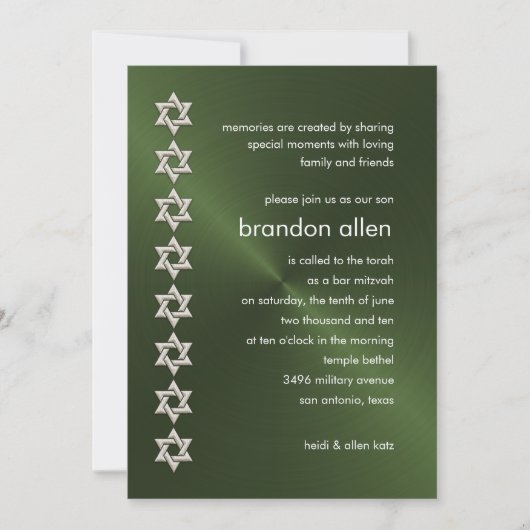 Bar Mitzvah Green Sheen Silver Stars von David Einladung (Vorderseite)