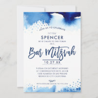 BAR MITZVAH handsigniert blaues Aquarell-Hebräisch