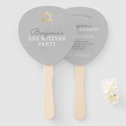 BAR MITZVAH INVITE FAN Moderner Goldstar grau Fächer (Vorne und Hinten)