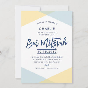 BAR MITZVAH INVITE, handschriftlich, blau gelb Einladung