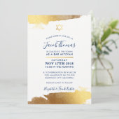 BAR MITZVAH INVITE Moderne Goldmedaille Blau Einladung (Stehend Vorderseite)