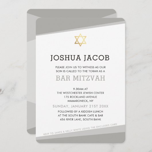 BAR MITZVAH INVITE Modernes cooles Grau Einladung (Vorne/Hinten)