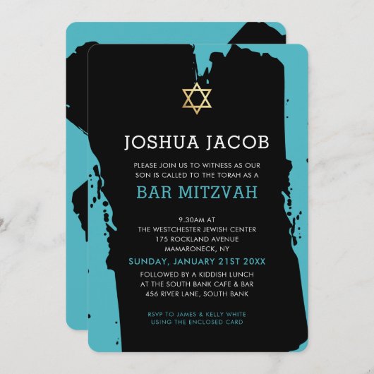 BAR MITZVAH INVITE Modernes Grunge Türkis Blau Einladung (Vorne/Hinten)