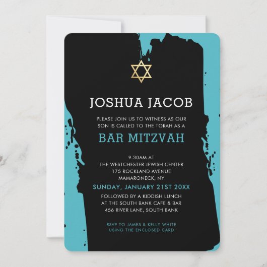 BAR MITZVAH INVITE Modernes Grunge Türkis Blau Einladung (Vorderseite)