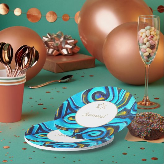Bar Mitzvah Jewish Modern Blue Pattern Pappteller (Multi)