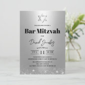 Bar Mitzvah Jüdischer Star von David Modern Silver Einladung (Stehend Vorderseite)