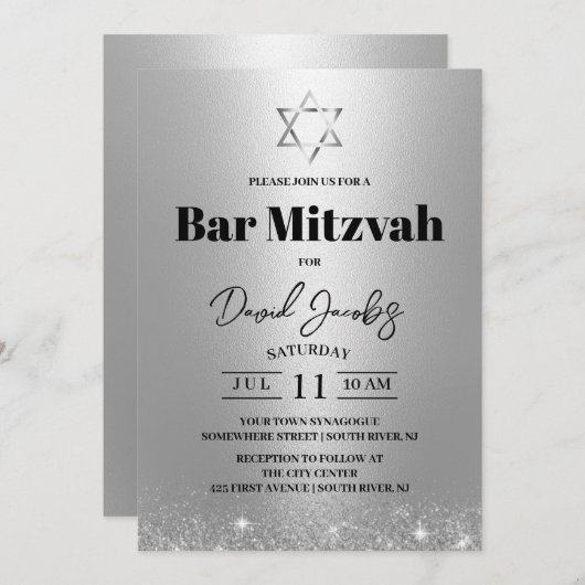 Bar Mitzvah Jüdischer Star von David Modern Silver Einladung (Vorne/Hinten)
