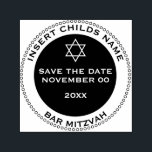 Bar mitzvah Jungs Save the Date Star david Permastempel<br><div class="desc">Eine runde Briefmarke mit einem äußeren Ring aus kleinen Kreisen und einem inneren, schwarzen, massiven Rahmen Vorlagen in fett weiß und schwarz, die es Ihnen ermöglichen, den Anlass, Ihren Söhnnamen, das Datum seiner Bar mitzvah und die Tatsache, dass Gäste Save the Date für diese besondere Feier. Der Stern von David...</div>