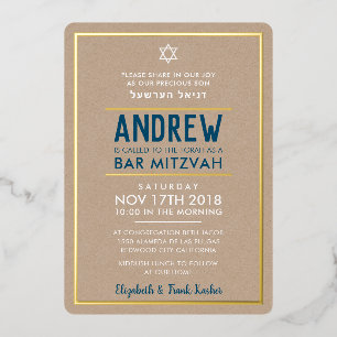 BAR MITZVAH kluges fettes Typ Kraft navyblau Folieneinladung