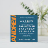 Bar Mitzvah laden Score Basketball Orange & Blue e Einladung (Stehend Vorderseite)