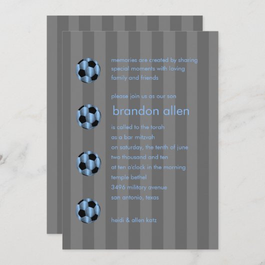 Bar Mitzvah Light Blue und Black Soccer Ball Einladung (Vorne/Hinten)