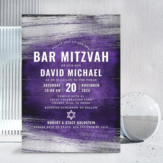 Bar Mitzvah Lila Silberfolie Bold Moderne Einladung