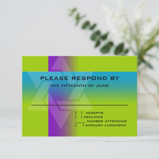 Bar Mitzvah Lila und Türkisch auf jeder Farbe RSVP Karte (Stehend Vorderseite)