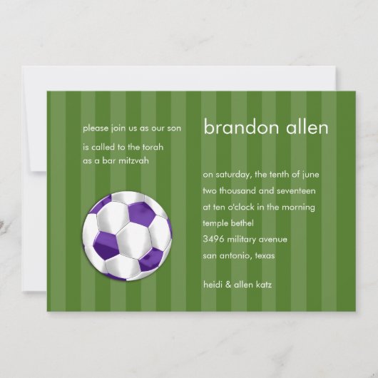 Bar Mitzvah Lila und weißer Fußballball Einladung (Vorderseite)