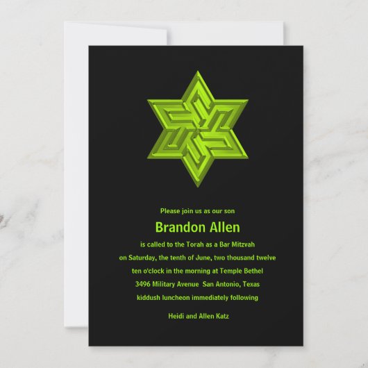 Bar Mitzvah Lime Green auf Schwarz, Star von David Einladung (Vorderseite)