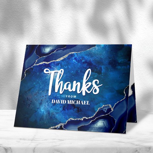 Bar Mitzvah Modern Blue Agate Watercolor Script Dankeskarte