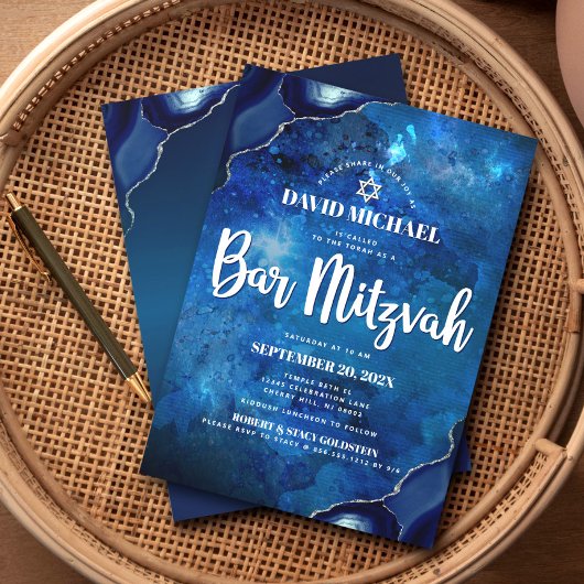 Bar Mitzvah Modern Blue Agate Watercolor Script Einladung