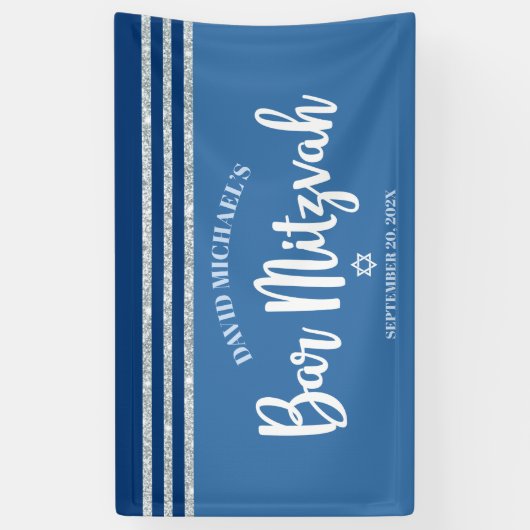Bar Mitzvah Modern Blue Silver Tallit Bold Script Banner (Vertikal)