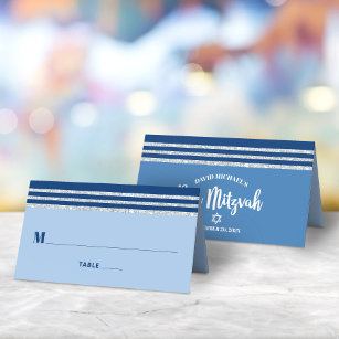 Bar Mitzvah Modern Blue Silver Tallit Bold Script Platzkarte