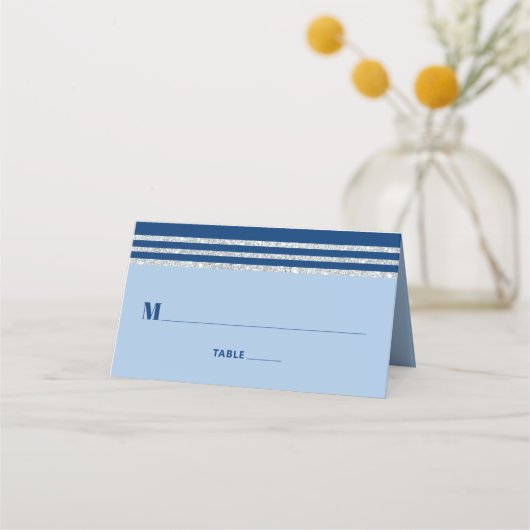 Bar Mitzvah Modern Blue Silver Tallit Bold Script Platzkarte (Vorderseite)