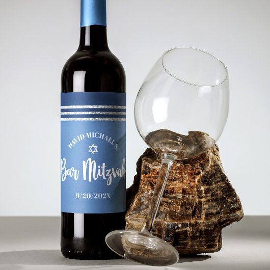 Bar Mitzvah Modern Blue Silver Tallit Bold Script Weinetikett