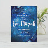 Bar Mitzvah Modern Blue Watercolor Agate Script Einladung (Stehend Vorderseite)