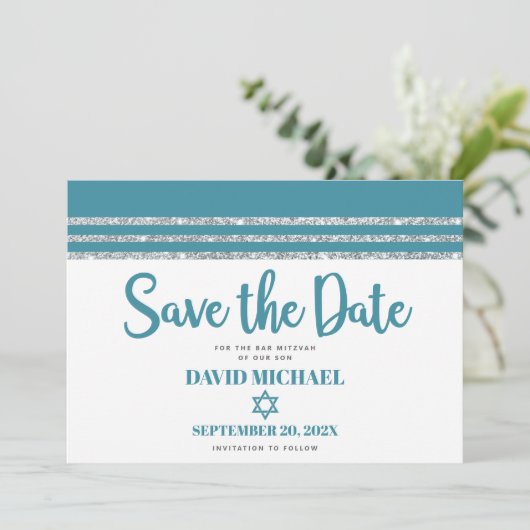 Bar Mitzvah Modern Bold Aquamarin Silver Tallit Sc Save The Date (Stehend Vorderseite)