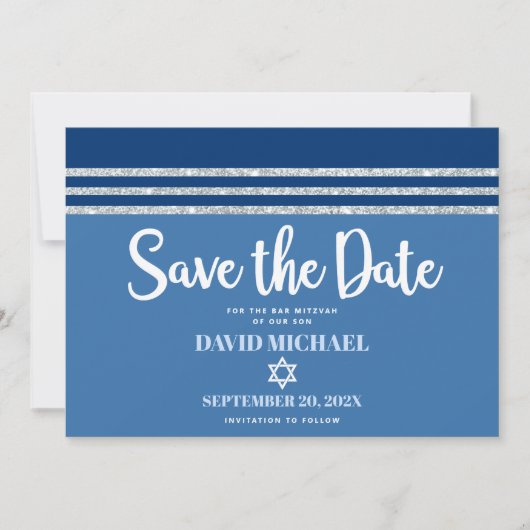 Bar Mitzvah Modern Bold Blue Silver Tallit Script Save The Date (Vorderseite)