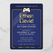 BAR MITZVAH modern cool gaming controls navy blue Folieneinladung (Vorderseite)