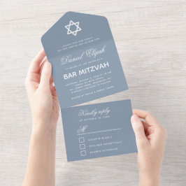 Bar Mitzvah Modern Dusty Blue Einfache Weiße Schri All In One Einladung