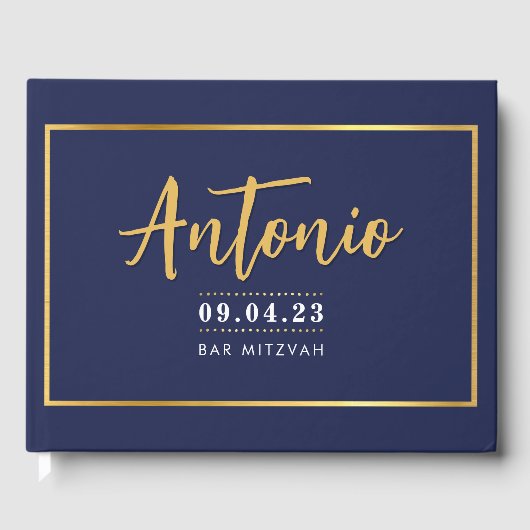 BAR MITZVAH modern faux gold name calligraphy navy Gästebuch (Vorderseite)