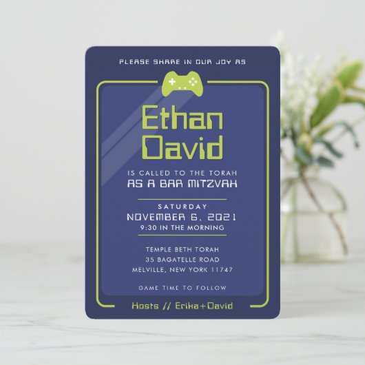 BAR MITZVAH modern gaming controls navy lime green Einladung (Stehend Vorderseite)