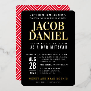BAR MITZVAH modern minimal fett Junge schwarz rot Folieneinladung