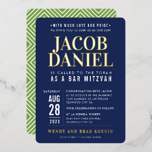 BAR MITZVAH modern minimal fett navyblau grün Folieneinladung