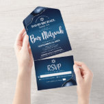 Bar Mitzvah Modern Navy Blue Ombre Agate Script All In One Einladung<br><div class="desc">Seien Sie stolz, freuen Sie sich und präsentieren Sie diesen Meilenstein Ihres Lieblings-Bar Mitzvah! Versenden Sie diese coole, einzigartige, moderne, maßgeschneiderte All-in-One-Einladung für eine Veranstaltung, an die Sie sich erinnern können. Die Typografie der weißen Schrift und der Star of David überlagern einen tiefmarineblau ombre Hintergrund mit Stahlblau-Age mit silbernen Imitaten...</div>