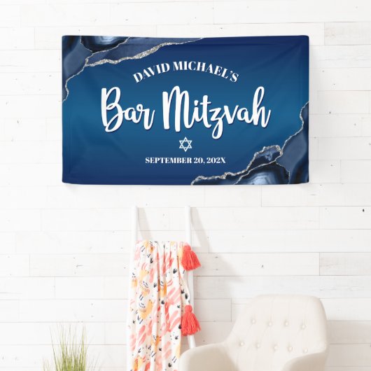 Bar Mitzvah Modern Navy Blue Ombre Agate Script Banner (Insitu)
