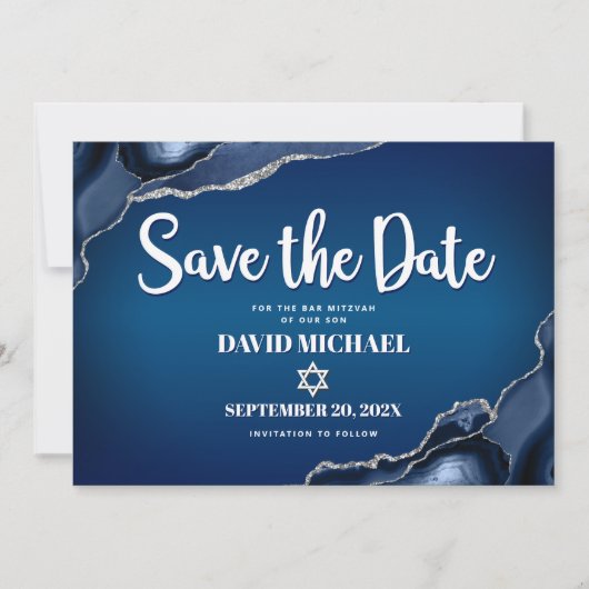 Bar Mitzvah Modern Navy Blue Ombre Agate Script Save The Date (Vorderseite)