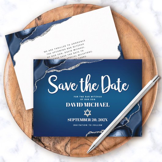 Bar Mitzvah Modern Navy Blue Ombre Agate Script Save The Date