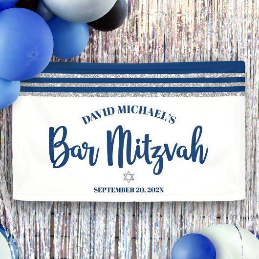 Bar Mitzvah Modern Navy Blue Silver Tallit Script Banner