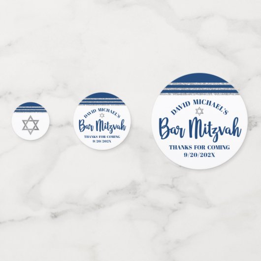 Bar Mitzvah Modern Navy Blue Silver Tallit Script Konfetti (Rückseiten)