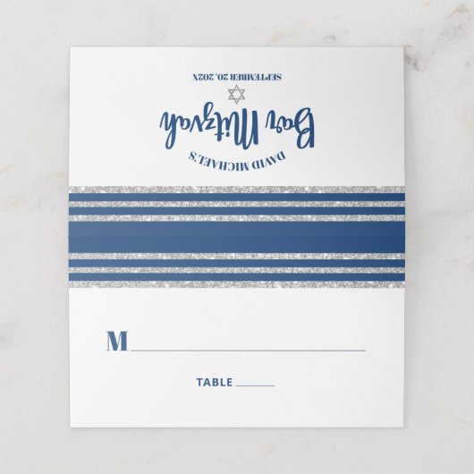 Bar Mitzvah Modern Navy Blue Silver Tallit Script Platzkarte (Außenseite Aufgefaltet)