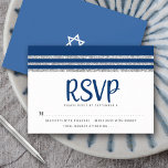 Bar Mitzvah Modern Navy Blue Silver Tallit Script RSVP Karte<br><div class="desc">Seien Sie stolz, freuen Sie sich und feiern Sie diesen Meilenstein Ihres Lieblings-Bar Mitzvah mit dieser coolen, einzigartigen, modernen, personalisierten UAWG Insert-Karte für Ihre Veranstaltung! Fett, marineblaue Schriftzeichen, Stern von David und ein marineblau und silber gestreiftes Tallit inspirierte grafische Overlay ein einfacher, weißer Hintergrund. Personalisieren Sie den benutzerdefinierten Text mit...</div>