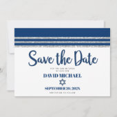 Bar Mitzvah Modern Navy Blue Silver Tallit Script Save The Date (Vorderseite)
