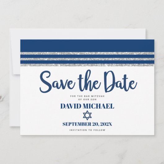 Bar Mitzvah Modern Navy Blue Silver Tallit Script Save The Date (Vorderseite)