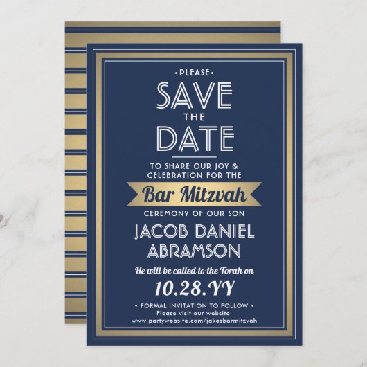 Bar Mitzvah Modern Navy Blue White Imitats Gold Save The Date (Vorne/Hinten)