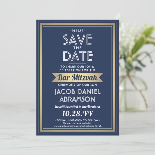 Bar Mitzvah Modern Navy Blue White Imitats Gold Save The Date (Stehend Vorderseite)