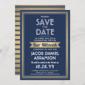 Bar Mitzvah Modern Navy Blue White Imitats Gold Save The Date (Vorne/Hinten)