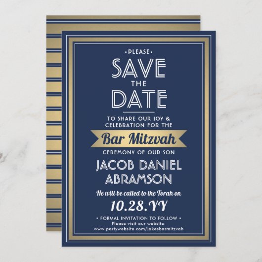 Bar Mitzvah Modern Navy Blue White Imitats Gold Save The Date (Vorne/Hinten)