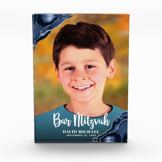 Bar Mitzvah Modern Script Navy Blue Agate Keepake Fotoblock (Vorderseite)